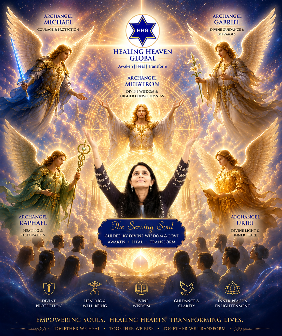 Mumtaz TheServingSoul surrounded by Archangels Michael, Gabriel, Raphael, Uriel and Metatron — a divine message of love and healing